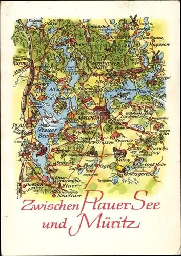 Landkarten Ak Plau am See Mecklenburg, Zwischen Plauer See und Müritz, Malchow, Stuer