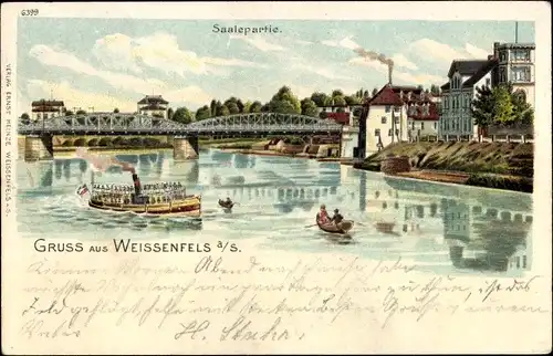 Litho Weißenfels an der Saale, Saalepartie, Boot, Dampfer