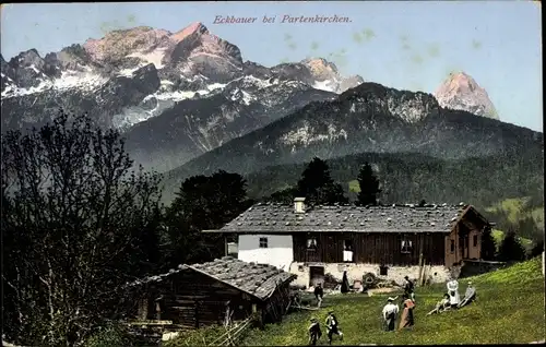 Ak Eckbauer Garmisch Partenkirchen in Oberbayern, Bauernhofszene, Panorama