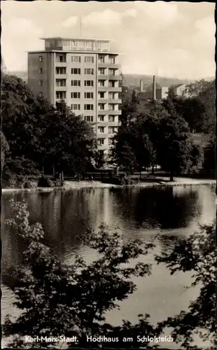 Ak Karl Marx Stadt Chemnitz in Sachsen, Hochhaus am Schlossteich