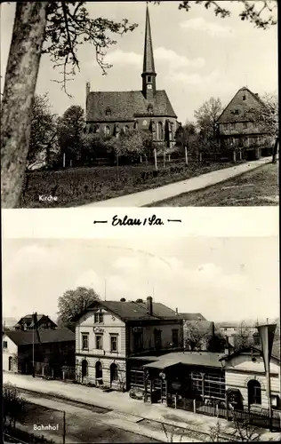 Ak Erlau in Sachsen, Kirche, Bahnhof