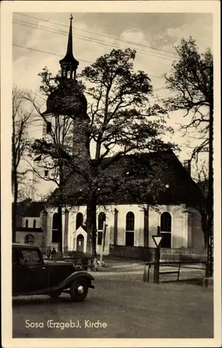 Ak Sosa Eibenstock im Erzgebirge, Kirche, Automobil