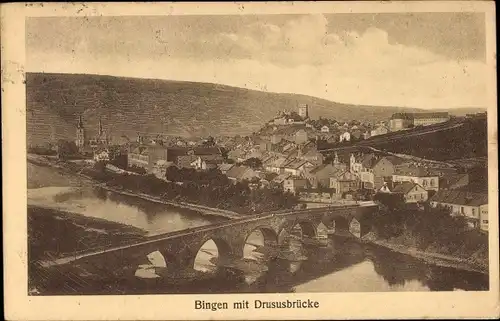 Ak Bingen am Rhein, Panorama mit Drususbrücke