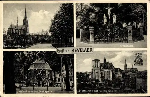 Ak Kevelaer am Niederrhein, Marien-Basilika, Kreuzbaum, Geschmückte Gnadenkapelle, Pfarrkirche