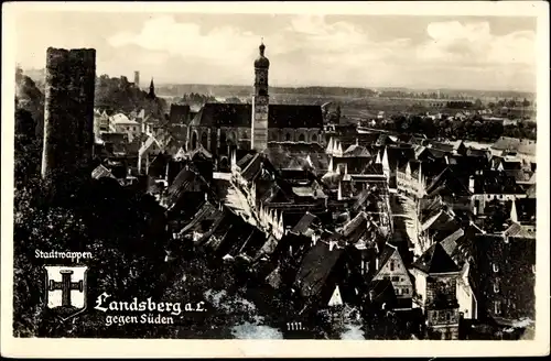 Ak Landsberg am Lech Oberbayern, Stadtwappen, Blick gegen Süden