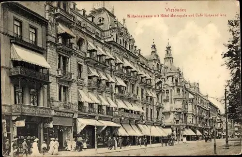 Ak Wiesbaden in Hessen, Wilhelmstraße mit Hotel Metropole und Cafe Hohenzollern