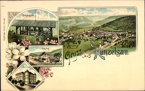 Litho Künzelsau am Kocher Hohenlohekreis, Totale, Schutzhütte, Bahnhof, Seminar