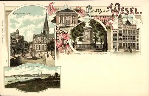 Litho Wesel am Niederrhein, Denkmal der 11 Schill'schen Offiziere, Eisenbahnbrücke, Marktplatz