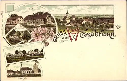 Litho Wessobrunn in Oberbayern, Ort, Post, Pfarrkirche
