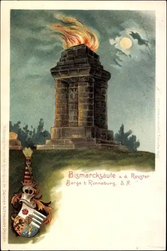 Litho Reust Rückersdorf Thüringen, Bismarcksäule auf dem Reuster Berg, Wappen