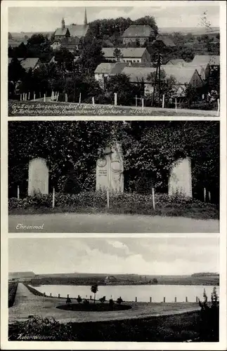 Ak Langenbernsdorf in Sachsen, St. Katharinenkirche, Gemeindeamt, Schule, Ehrenmal, Kobertalsperre