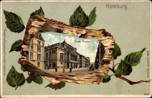 Präge Birkenholz Passepartout Litho Hamburg Mitte Altstadt, Stadttheater, Straßenansicht