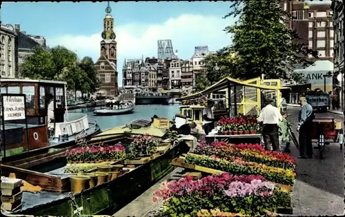 Ak Amsterdam Nordholland Niederlande, Bloemenmarkt Singel, Turm