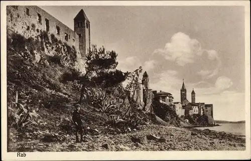 Ak Rab Kroatien, Stadtansicht, Schloss, Mauer