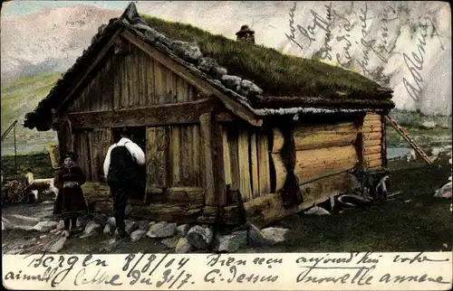 Ak Partie in einem norwegischen Dorf, Wohnhaus, Kind in Tracht