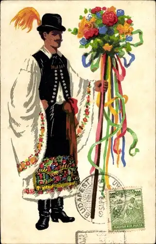 Ak Mann in ungarischer Tracht, Stab mit Blumen