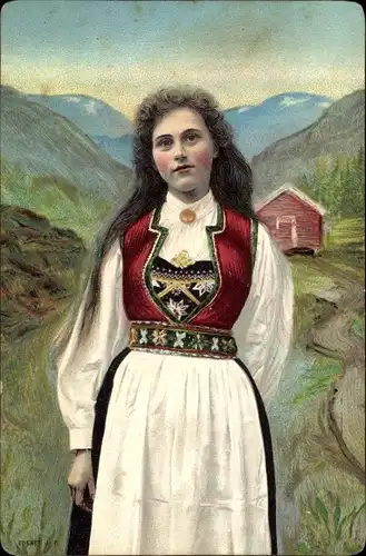 Ak Gemaltes Portrait einer Frau in Volkstracht