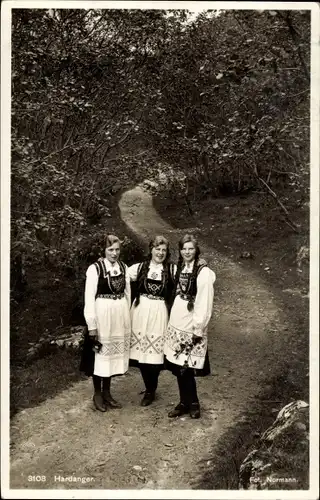 Ak Frauen in norwegischer Volkstracht, Portrait, Straßenpartie in Hardanger