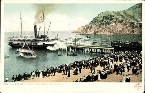 Ak Avalon Santa Catalina Kalifornien USA, Dampfer Cabrillo am Pier