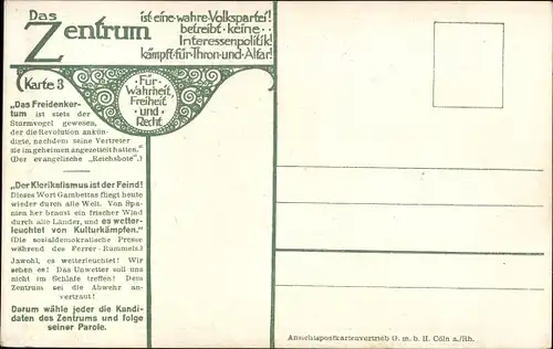 Ak Das Freidenkertum, Neuer Kulturkampf gegen den Klerikalismus, Zentrumspartei