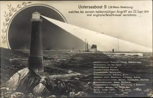 Ak SM U 9, Deutsches U Boot, Unterseeboot, 22. September 1914, Otto Weddigen, Kaiserliche Marine