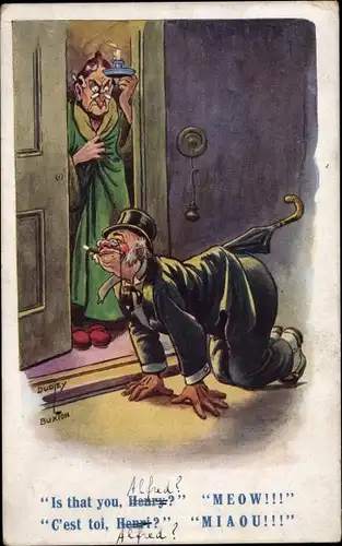 Künstler Ak Buxton, Dudley, Betrunkener Mann auf allen Vieren vor der Haustür