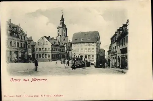 Ak Meerane in Sachsen, Blick auf Platz mit Kirchturm, Passanten