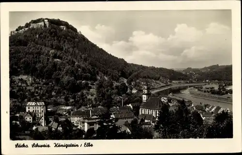 Ak Königstein an der Elbe Sächsische Schweiz, Teilansicht mit Fels Königstein