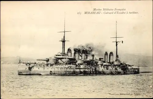 Ak Französisches Kriegsschiff Mirabeau, Cuirasse d'Escadre a turbines, Marine Militaire Francaise