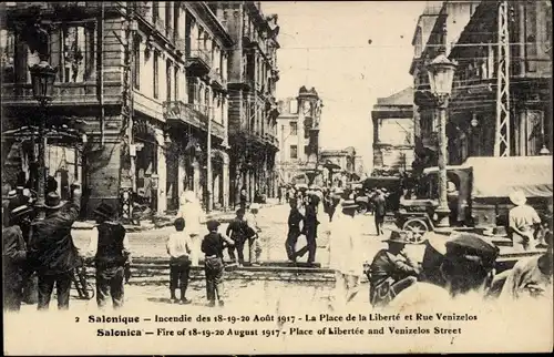 Ak Saloniki Thessaloniki Griechenland, Feuer 1917, Freiheitsplatz, Venizelos-Straße