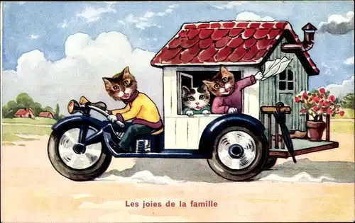 Ak Vermenschlichte Katzen, Familie im Wohnmobil