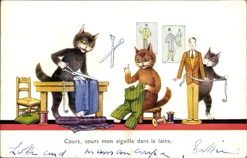 Ak Vermenschlichte Katzen, Schneiderwerkstatt