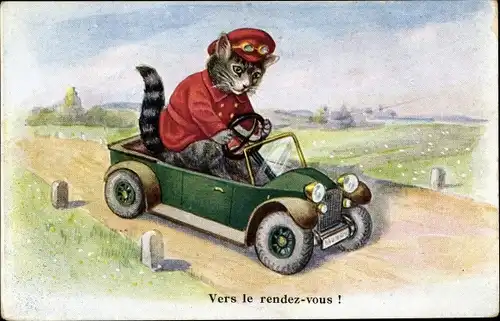 Künstler Ak Vermenschlichte Katze im Automobil, Rendezvous