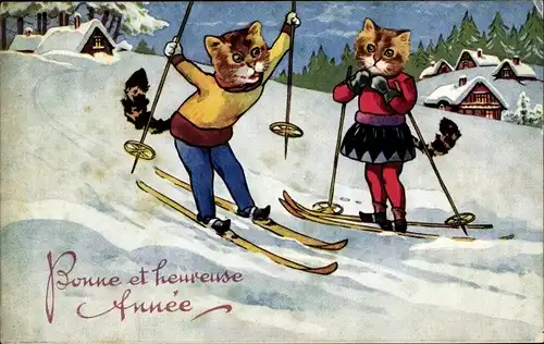 Ak Glückwunsch Neujahr, Vermenschlichte Katzen beim Skifahren