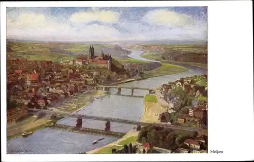 Künstler Ak Renatus, O., Meißen an der Elbe, Blick auf die Stadt, Brücken