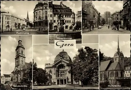 Ak Gera in Thüringen, Puschkinplatz, Simsonbrunnen, Marienkirche, Salvatorkirche, Theater