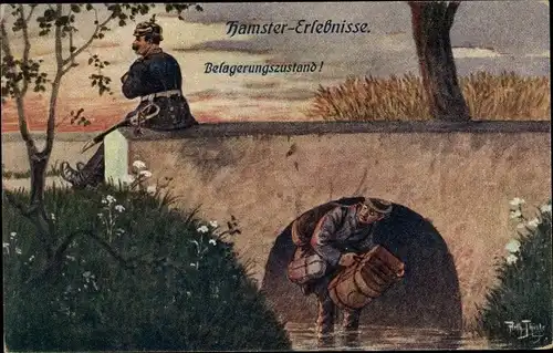 Künstler Ak Thiele, Arthur, Hamstererlebnisse, Belagerungszustand, Soldat auf Brücke