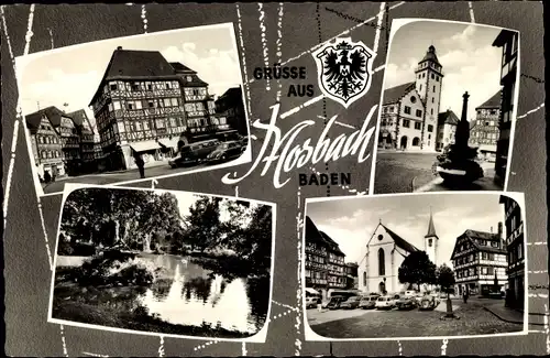 Ak Mosbach am Odenwald Baden, Ortsansichten, Kirche, Fachwerkhaus, Teich