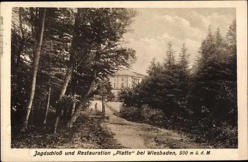 Ak Wiesbaden in Hessen, Jagdschloss und Restauration Platte