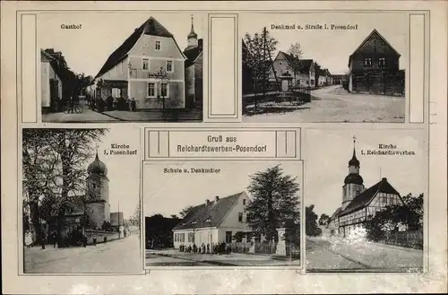 Ak Posendorf Reichardtswerben Weißenfels im Burgenlandkreis, Kirche, Gasthof, Denkmal