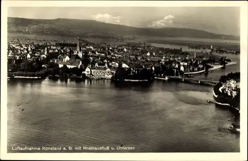 Ak Konstanz am Bodensee, Rheinausfluss u. Untersee, Luftaufnahme