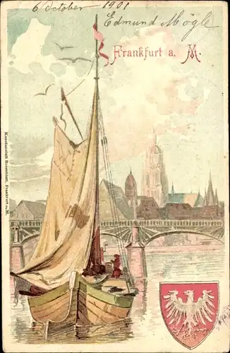 Wappen Litho Frankfurt am Main, Segelboot, Brücke, Kirche