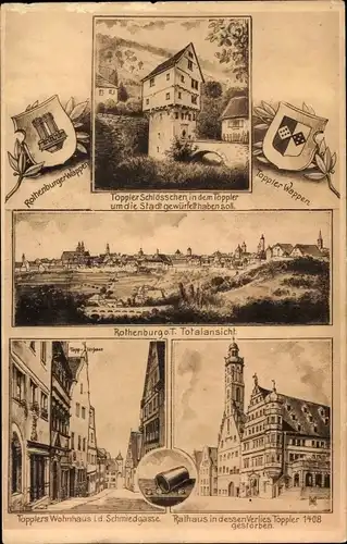 Ak Rothenburg Bayern, Totalansicht, Wappen, Toppler Schlösschen, Wohnhaus, Schmiedgasse, Rathaus