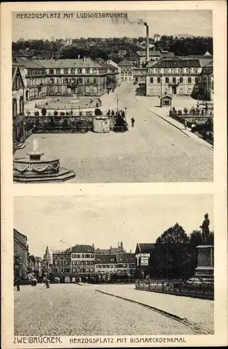 Ak Zweibrücken in Rheinland Pfalz, Herzogsplatz mit Ludwigsbrunnen und Bismarck Denkmal