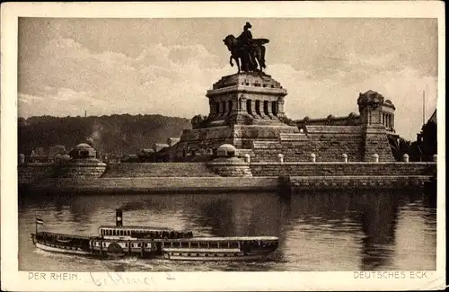 Ak Koblenz am Rhein, Deutsches Eck, Dampfer, Denkmal