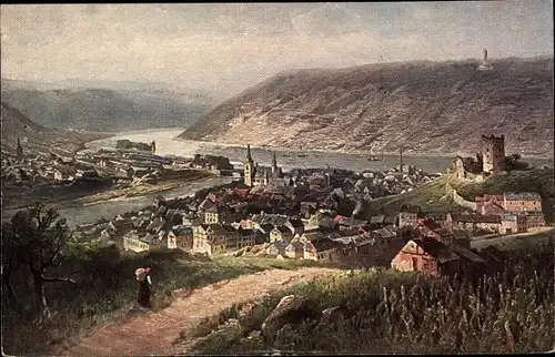 Künstler Ak Astudin, Bingen am Rhein, Gesamtansicht der Stadt