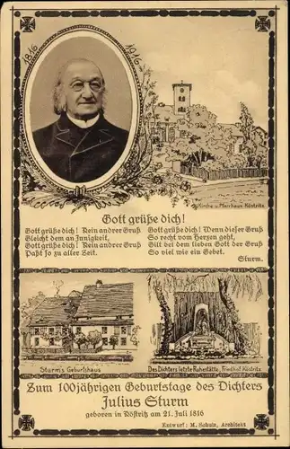 Gedicht Ak Bad Köstritz in Thüringen, zum 100jährigen Geburtstag von Julius Sturm, Portrait, Grab