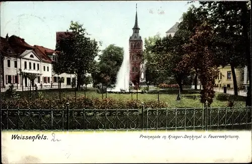 Ak Weißenfels an der Saale, Promenade mit Kaiser Denkmal, Feuerwehrturm