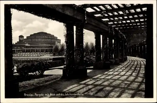 Ak Wrocław Breslau Schlesien, Pergola mit Blick auf die Jahrhunderthalle