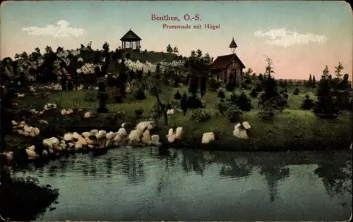 Ak Bytom Beuthen Oberschlesien, Promenade mit Hügel